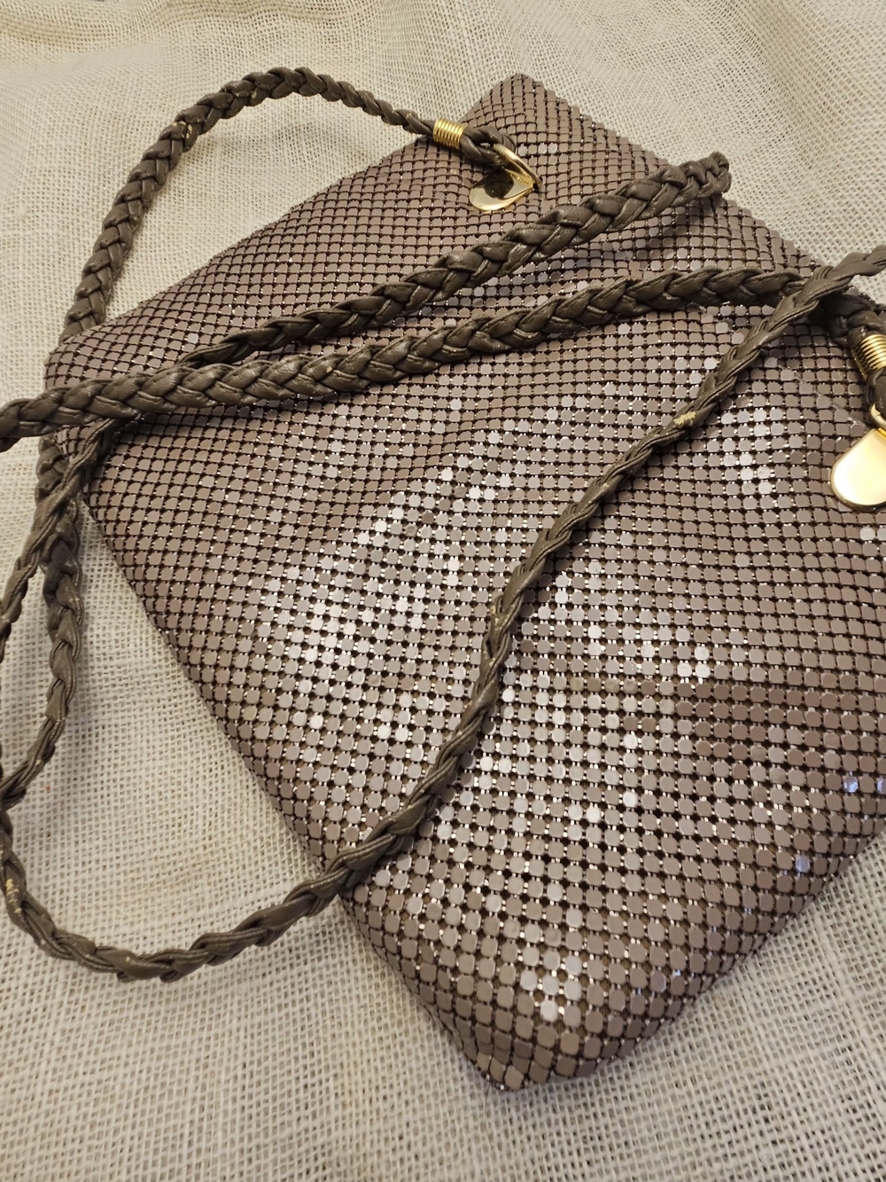 Plaited Strap Metallic Taupe Mesh Crossbody Bag